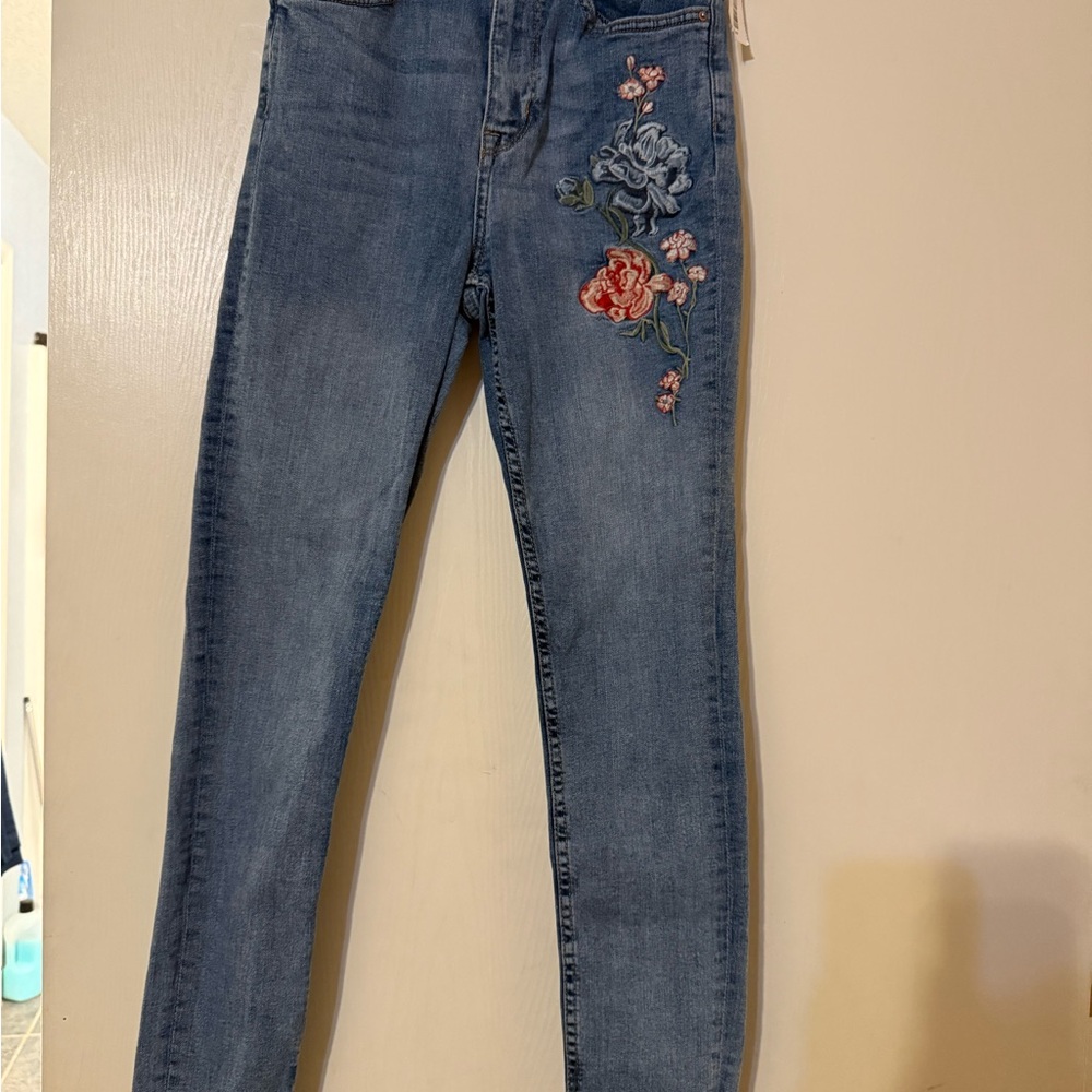 H&M Blue Skinny Jeans with Floral Embroidery